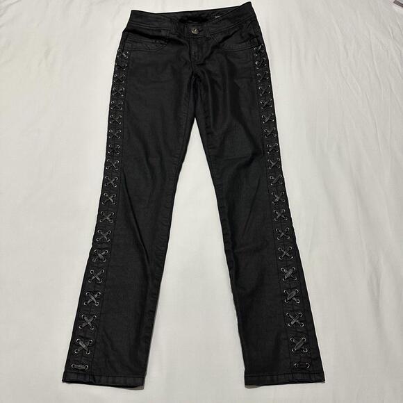 Cache Women’s Coated Wax Denim Sz 2 Black Skinny Pants Leather Threaded Rivets - Picture 1 of 12
